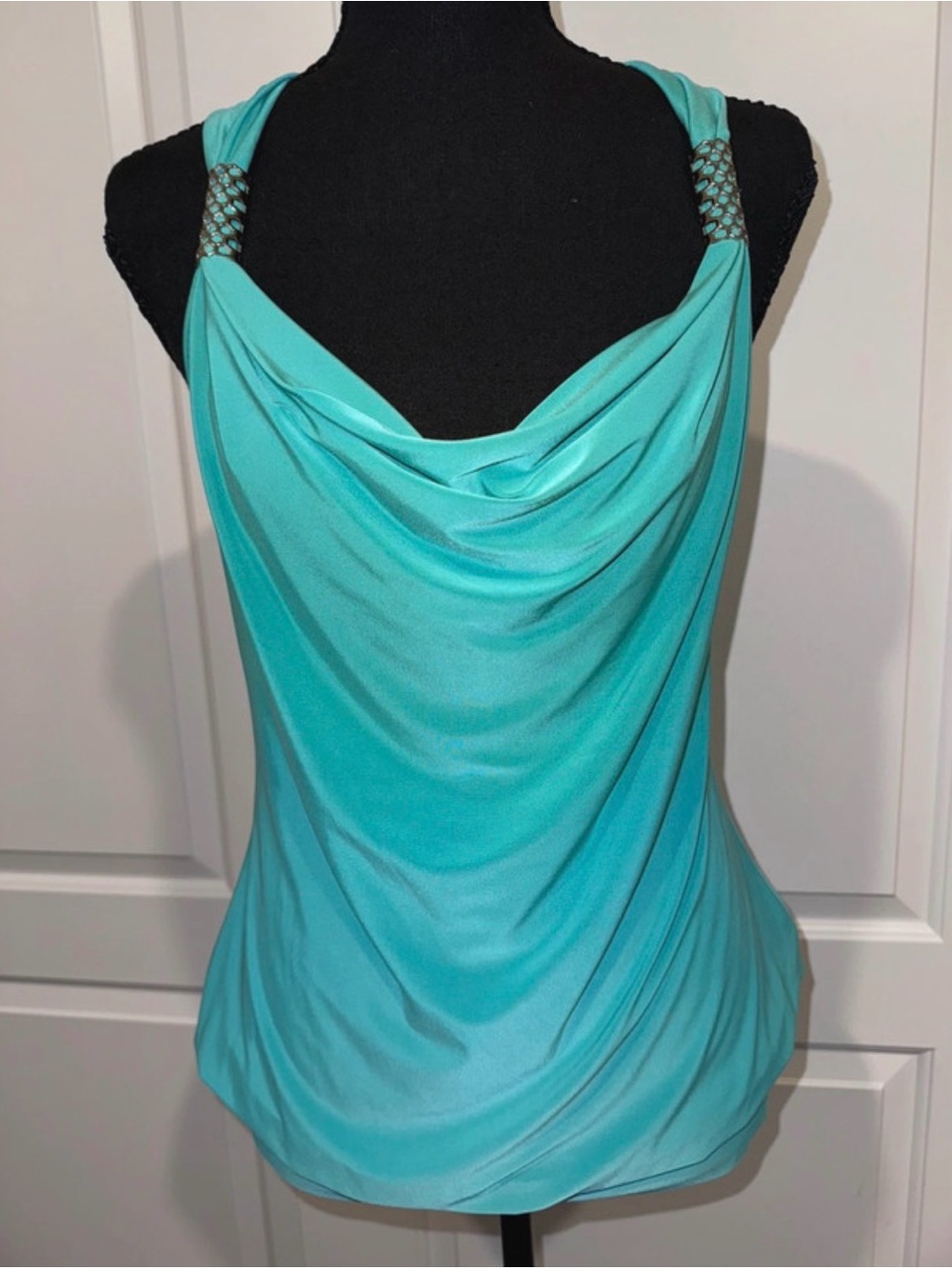 Turquoise Cowl Neck Women's Top with silver accents